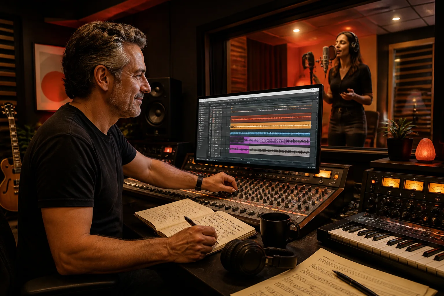 Illustrative music producer and vocalist working on an arrangement in a recording studio