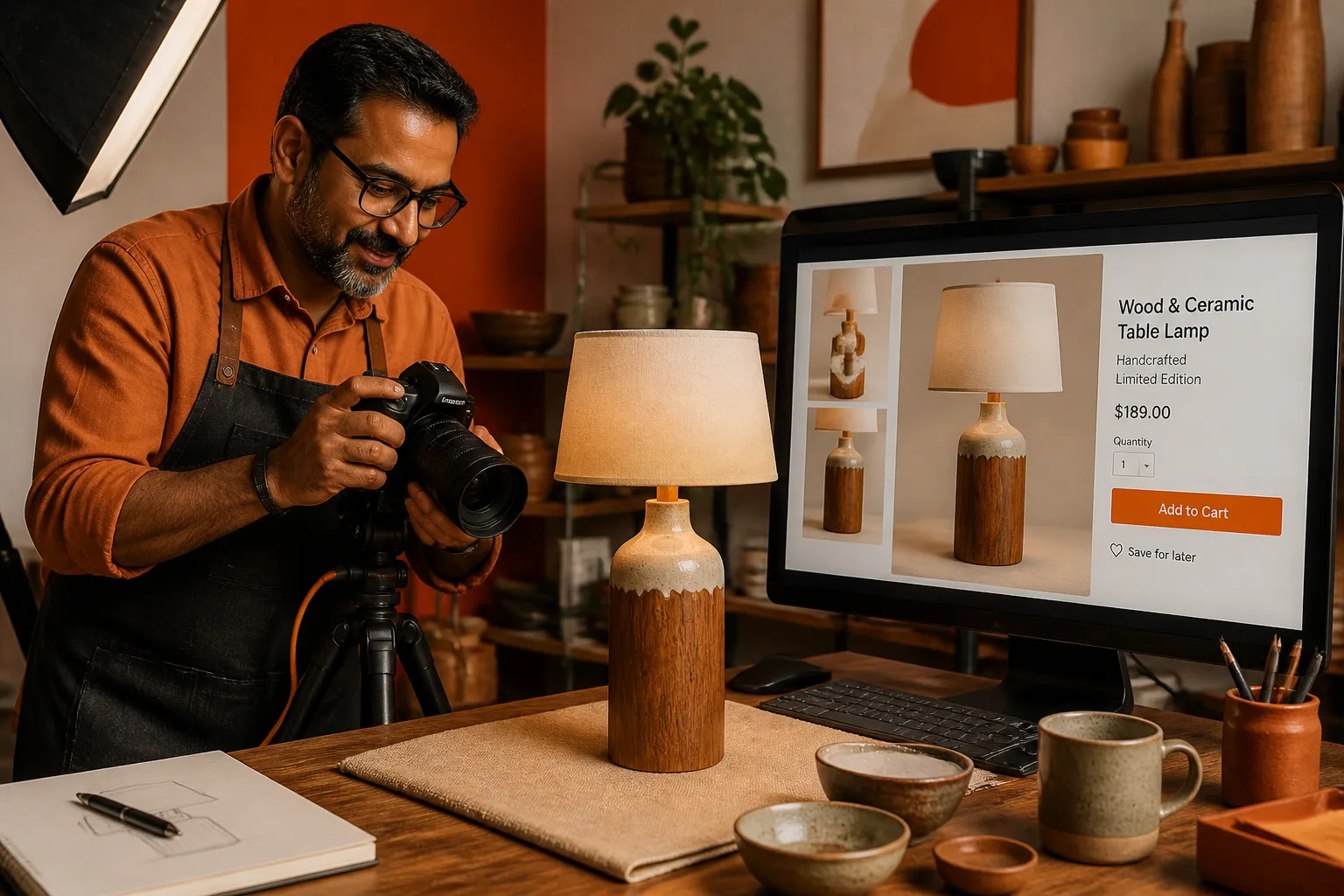 Illustrative products & ecommerce scene showing a person with their work