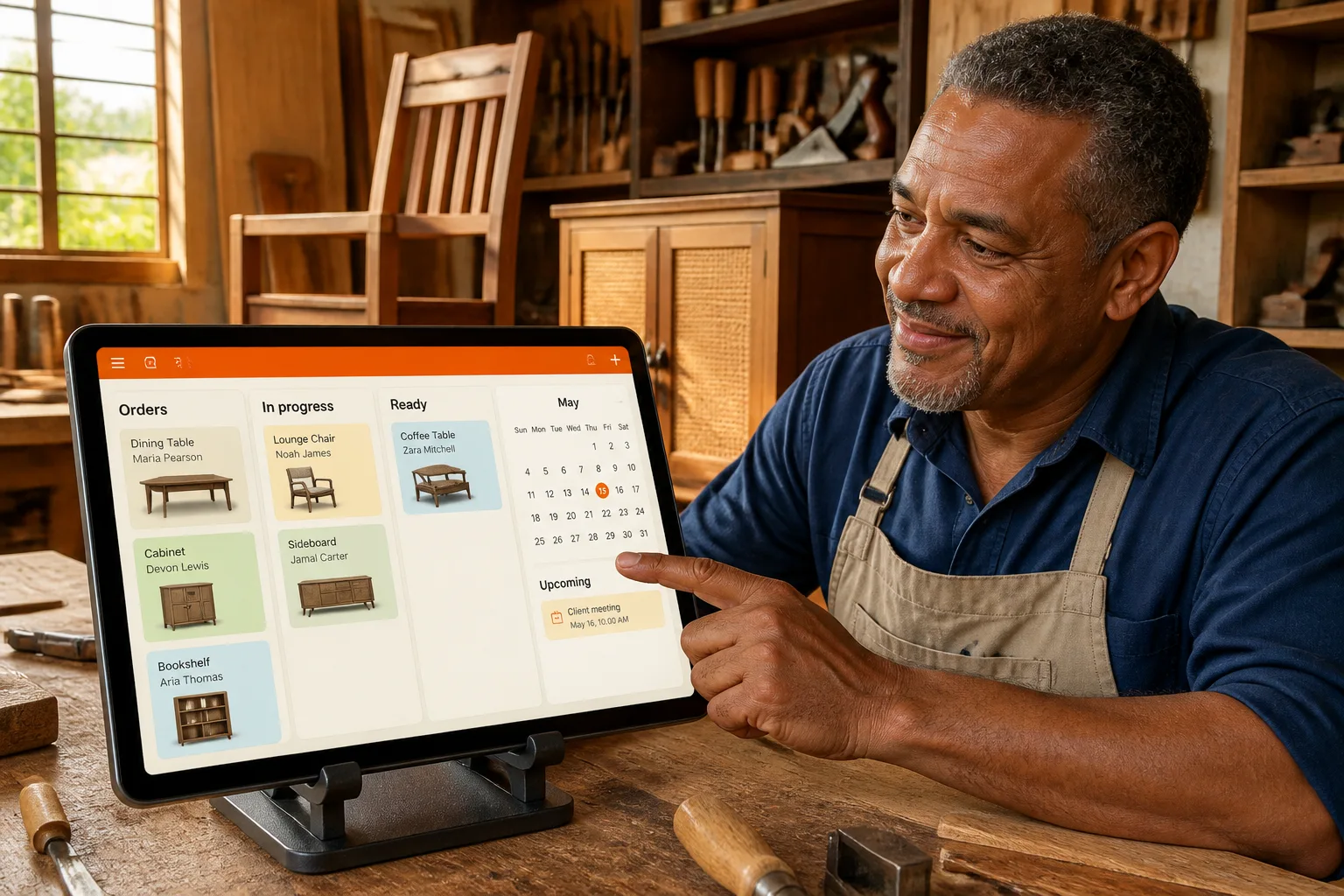 Illustrative carpenter working with an order-management system concept