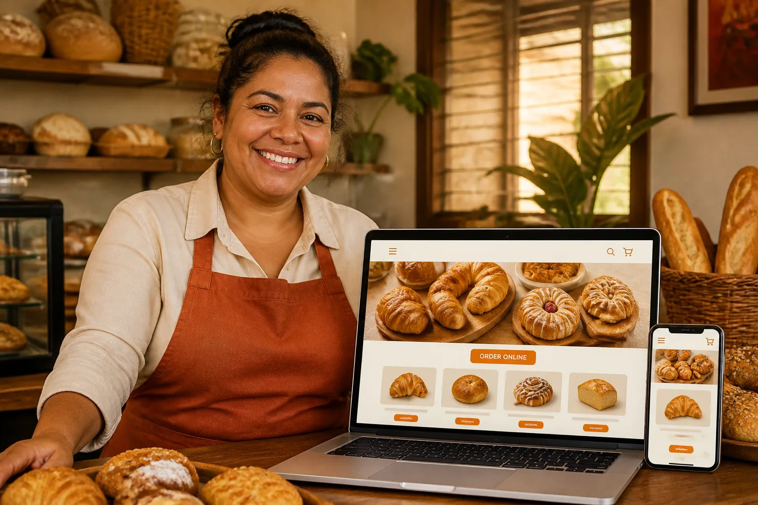 Illustrative websites & wordpress scene showing a person with their work